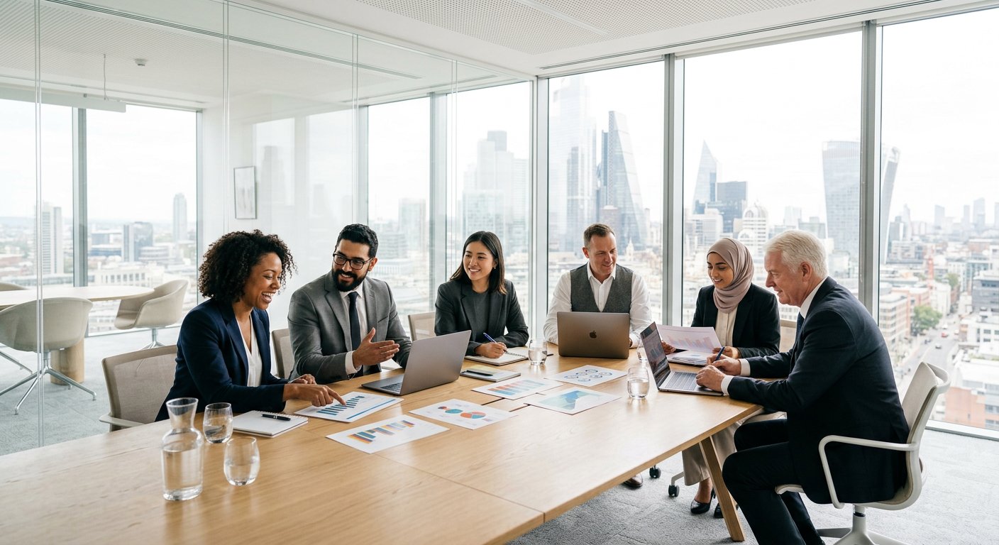 SynergyApex consultants collaborating in a bright meeting room